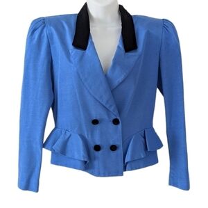 Vintage Joseph Ribkoff velour black collar blazer puff sleeves blue blazer sz 9